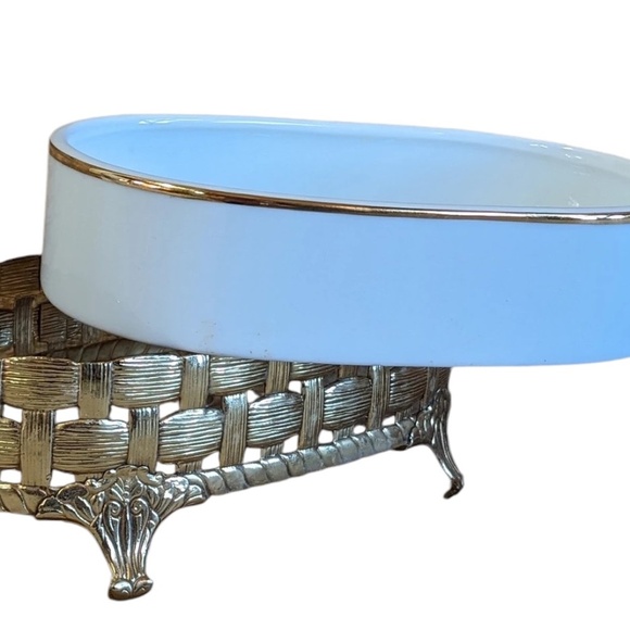 Vintage 24KT Gold Platted Ornate Stylebuilt Basket Weave Ceramic Insert Footed - Picture 2 of 8